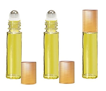 Grand Parfums Colored Glass Aromatherapy 10ml Rollon Bottles with Stainless Steel Roller and MATTE GOLD CAPS (12 Sets, Yellow)