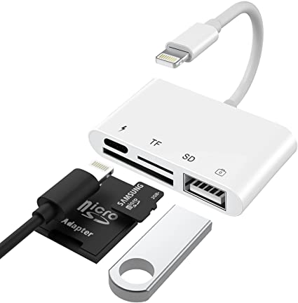 Micro SD TF/SD Card Reader for iPhone and iPad, 4 in 1 USB OTG Camera Memory Card Reader with Power Port, Portable Card Reader, Plug and Play for iPhone 12/11/XR/XS/8/7 Pro, iPad/iPad Mini, etc.