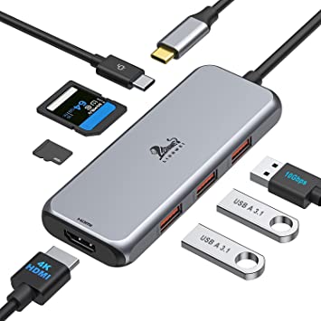 USB C Hub, 7 IN 1 USB C Multiport Adapter with 4K@60Hz HDMI,3 USB 3.1 Ports 10Gbps,100W PD,SD/TF Card Reader, USB C Docking Station Compatible with MacBook Pro/Air,Surface,iPad Pro,HP and More