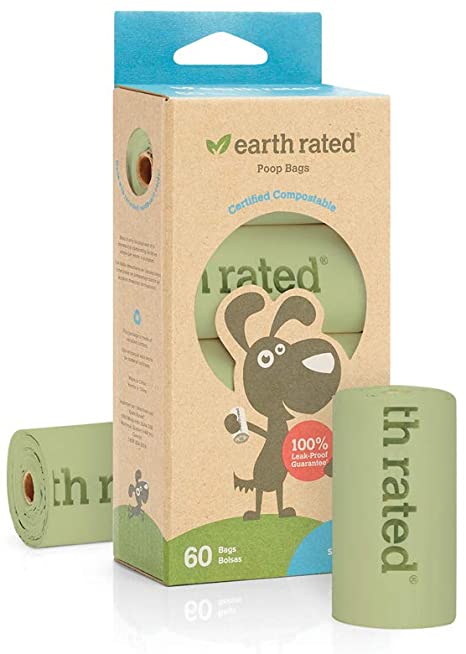 Earth Rated Compostable Dog Poop Bags, BPI-Approved, 60 Thick Poop Bags for Dogs Made From Vegetable Starch, Guaranteed Leak-proof, Unscented, 4 Refill Rolls, Each Pet Poop Bag Measures 9 x 13 Inches