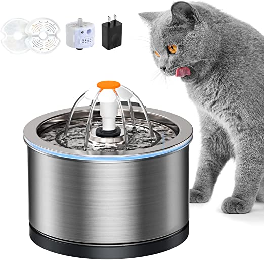 Peteast Cat Water Fountain, 2.5L Automatic Stainless Steel Pet Water Fountain for Cats and Dogs, Ultra Quiet Cat Fountains with LED Light Pump & 2 Replacement Filters
