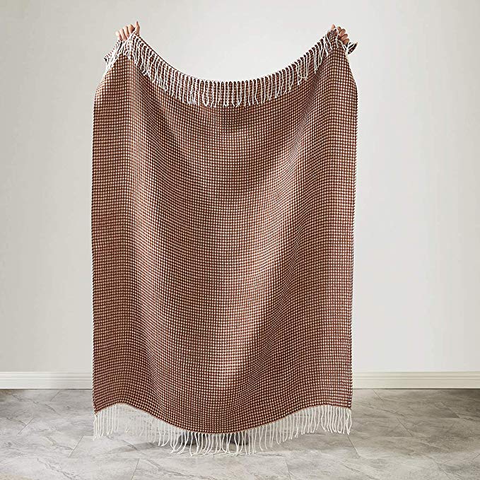 PHF Knit Throw Blanket for Travel Picnic Beach Soft Chunky Cozy Fringed Warm Acrylic Waffle Weave Texture Decorative, 50” x 60” Brown