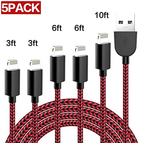 TNSO Phone Lighting Cable Charger 5Pack (3/3/6/6/10FT) Nylon Braided USB Charging & Syncing Cord Compatible iPhone X/8/8 Plus/7/7 Plus/6s/6s Plus/SE/iPad iPod Nano