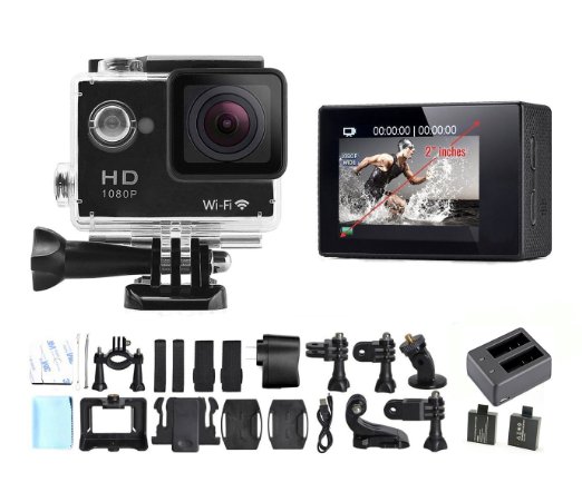dOvOb SJ4000 Wifi 2.0 Inch Full HD 1080P 12MP Waterproof Action Camera (Black) with Battery Charger and 2 Batteries
