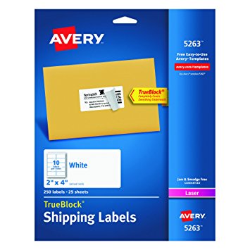 Avery Shipping Labels with TrueBlock Technology for Laser Printers 2" x 4", Pack of 250 (5263)
