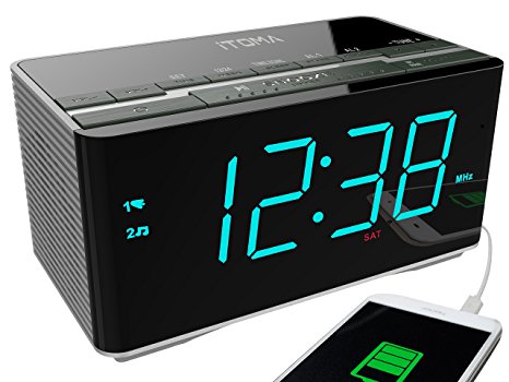 iTOMA Radio Alarm Clock FM Digital Radio Clock Bedside Alarm Clock, Wireless Bluetooth Stereo Speakers,Dual Alarms,Auto Brightness,Dimmer Control,1.4-inch Large Cyan Blue LED Display,USB Charging,Auxiliary Input,Backup Battery(CKS3501BT)