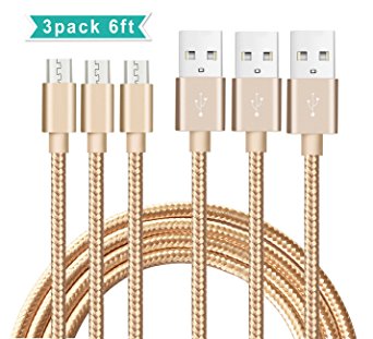Micro USB Cable, BUDGET & GOOD [3-Pack] 6Ft Premium Nylon Braided High Speed Data Sync Charger Cord with Aluminum Shell for Android Samsung HTC Motorola LG Sony Blackberry and More (Gold)
