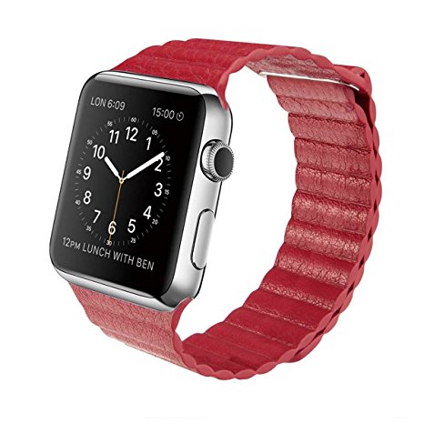 Apple Watch Band, with Unique Magnet Lock, Pu Leather Loop Bracelet Strap Band for Apple Watch All Models No Buckle Needed Magnetic Buckle (42mm Red)