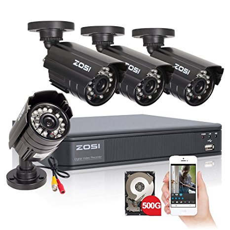 ZOSI 8CH CCTV System Kit 960H Recording Home Security DVR （500GB Hard Drive Pre-installed )4PCS HD 800TVL 24IR Outdoor Day&Night Color CMOS Cameras 65ft Night Vision Surveillance Smart Security Kit