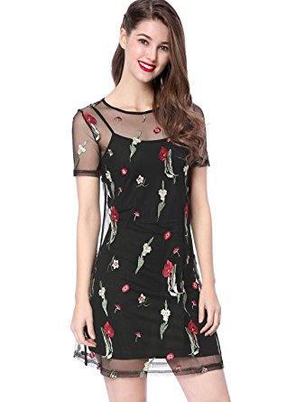 Allegra K Women's Floral Embroidery Mesh Dress With Spaghetti Strap Cami 2 Piece