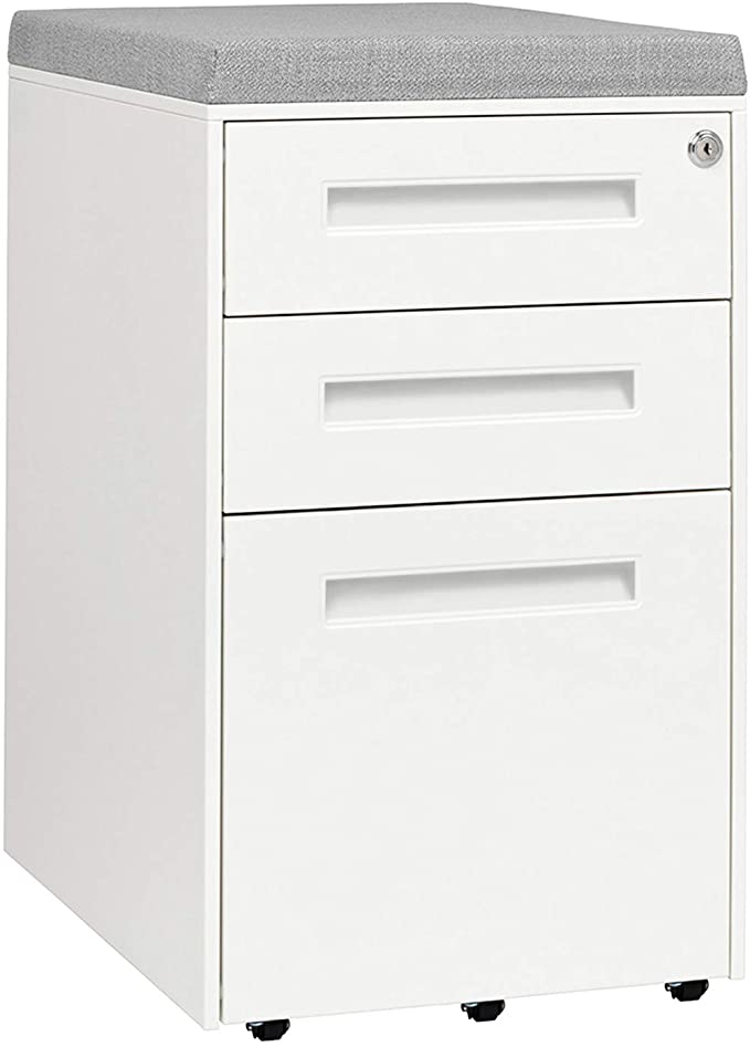 STOCKPILE Seated 3-Drawer Mobile File Cabinet with Removable Magnetic Cushion Seat, Commercial-Grade, Pre-Assembled (White with Grey Cushion)