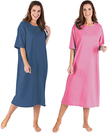 CATALOG CLASSICS Women's 2-Pack Long Henley Nightshirts - Set of 2 Pajama Sleep Shirt Loungers