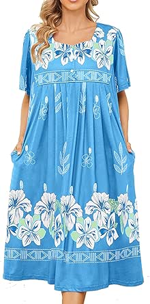 Bloggerlove Nightgown for Women Hawaiian Muumuu House Dress Print Lounger Patio Dress with Pockets Moomoo