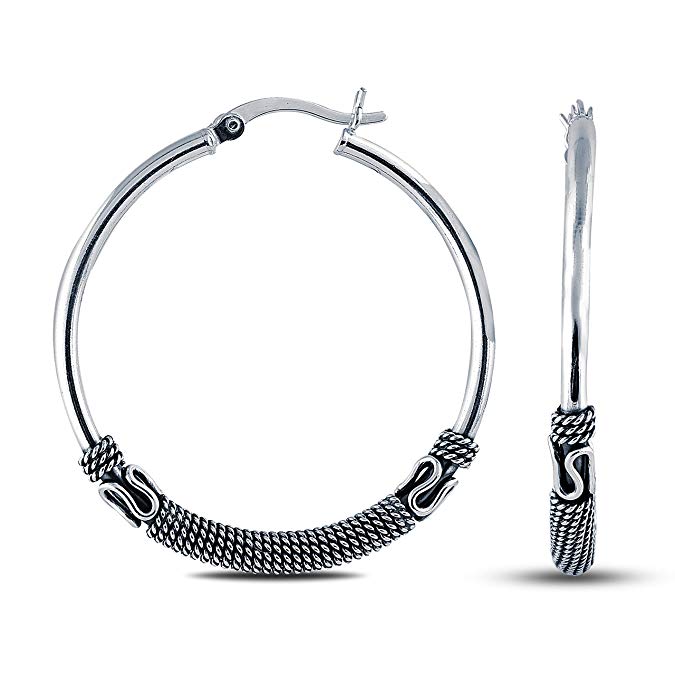 Charmsy Sterling Silver Jewelry Oxidized Balinese Click Top Large Hoop Earrings for Women