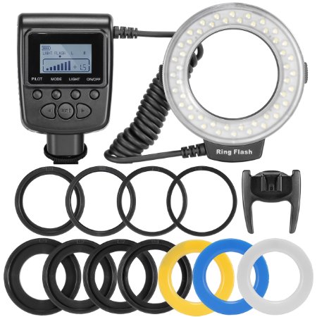 Neewer 48 Macro LED Ring Flash Light Includes 4 Diffusers (Clear, Warming, Blue, White) for Canon, Nikon, Panasonic, Olympus, Pentax SLR Cameras (Fit 49, 52, 55, 58, 62, 67, 72, 77mm Lens) , Such as Canon 650D, 600D, 550D, 70D, 60D, 5D, 5D Mark 2, 5D Mark 3, Nikon D5000, D3000, , D5100, D3100, D7000, D7100, D800, D800E, D60