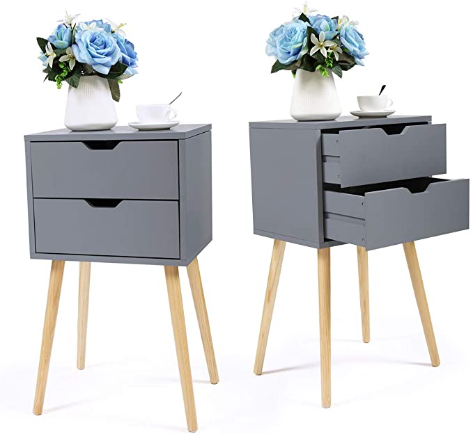 JAXPETY Set of 2 Nightstand 2 Drawers End Table Storage Wood Cabinet Bedroom Accent Side Table (Gray)