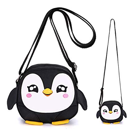 Hipiwe Kids Crossbody Purse Shoulder Bag Mini Cute Little Girls Purses Bags Cartoon Animal Preschool Messenger Handbag for Children Toddler Baby Girls (Black Penguin)