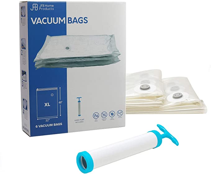 JFB HOME - Vacuum Compression Bags for Storage - Triple Your Packing or Storage Space with Leakproof Space Saver Bags - Includes 6 XL Bags Plus Hand Pump (Kit B)