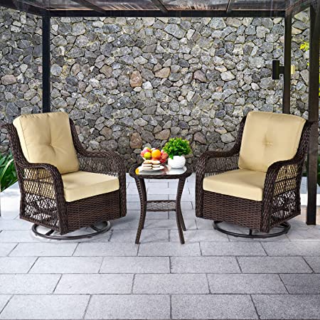 Aclumsy 3-Piece Outdoor Swivel Rocking Rattan Chair, Patio Bistro Furniture Conversation Clearance, 2 Cushioned Swivel Wicker Chair with Glass-Top Coffee Table, Khaki