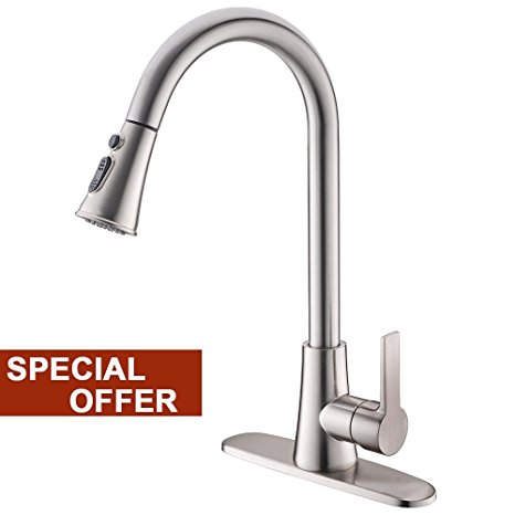 Lead-Free Commercial Stainless Steel High-Arch Brushed Nickel Single Handle Pull Down Sprayer Kitchen Sink Faucets, Kitchen Faucet with Deck Plate