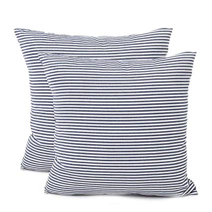 Shamrockers Farmhouse Striped Throw Pillow Cover Decorative Cotton Linen Ticking Stripe Cushion Pillowcase (18”x18”, Navy, Pack of 2)