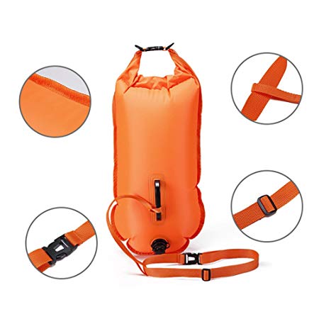 QUBABOBO New Wave Swim Buoy-Open Water Swim Buoy With Dry Bag and Cellphone case for Swimmers, Triathletes, and Snorkelers,Highly Visible Buoy Float for Safe Swim Training (PVC 20L Orange)