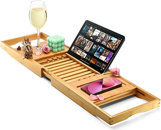 Luxury Bathtub Tray Caddy - Foldable Waterproof Bath Tray & Bath Caddy - Wooden Tub Organizer & Holder for Wine, Book, Soap, Phone Luxury Gift For Men & Women - Expandable Size, Fits Most Tubs Home It