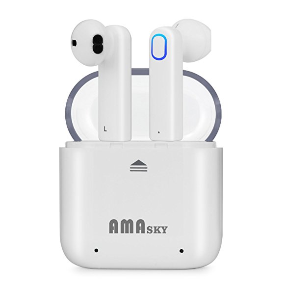 Wireless Earbuds, AMASKY Bluetooth Headphones True Mini In-Ear wireless Earphones Stereo Sports Headsets with Charging Case Noise Cancelling Sweatproof Earpiece for iPhone Samsung Smartphone (white)