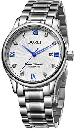 BUREI Mens Date Stainless Steel Automatic Dress Watch with White Dial and Blue Hands