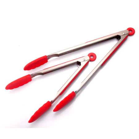 Roybens Set of 2 Stainless Steel Detachable Silicone Tips Baking Barbecue Tongs Tool 9 12 Inch Red