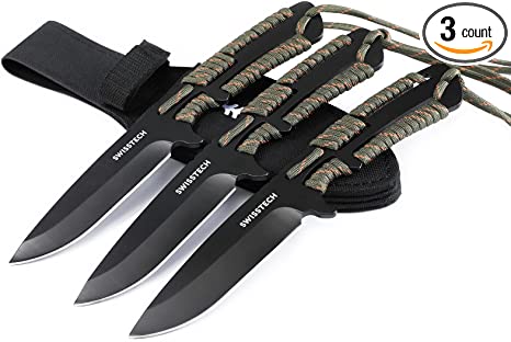 SWISS TECH 3-Piece Fixed Blade knife, 9-inch Camping Knife, 4-1/2 inch Blade, Full Tang, Rope Handle with Sheath, 5-Piece Targets and Paracord included, for EDC, Outdoor, Camping, Hiking