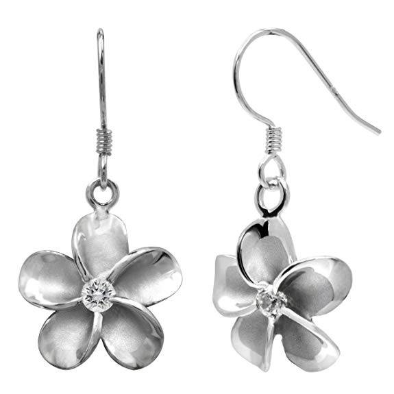 Sterling Silver Plumeria Hook Earrings with CZs, 12mm