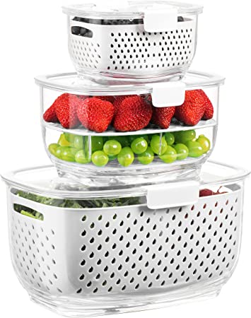 LUXEAR Fresh Produce Vegetable Fruit Storage Containers 3Piece Set, BPA-free Fridge Storage Container, Partitioned Salad Container, Fridge Organizers, Used in Storing Fruits Vegetables, White