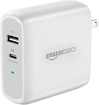 AmazonBasics 68W Two-Port GaN Wall Charger with 1 USB-C Port (50W) and 1 USB-A Port (18W) for Laptops, Tablets and Phones with Power Delivery - White