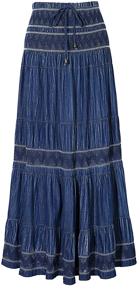 Maxi Cotton Skirt A-Line High Waist Pleated Long with Elastic Waistband Chambray