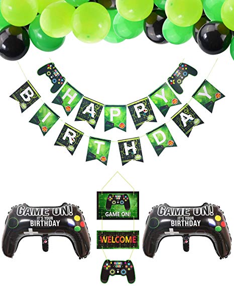 Video Game Party Supplies HAPPY BIRTHDAY Gaming Banner, GAME ON Welcome Hanging Decor and 32 Pcs Gamer Themed Balloons for Kids and Boys Birthday Party