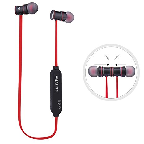 Sunvito Bluetooth Headphones, Sports Stereo Running Wireless Earphones In-Ear Earbuds with Mic for Hands-free Calling (Bluetooth 4.1, Magnetic, Lightweight, Sweatproof) (Red)