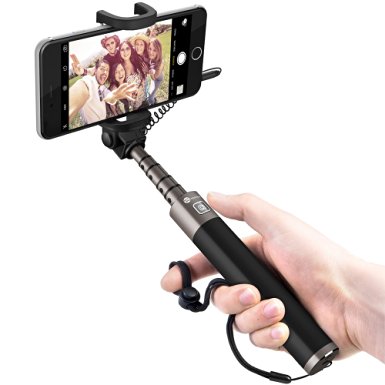TaoTronics Wired Selfie Stick Aluminum Monopod for iPhones and Android Phones - Black