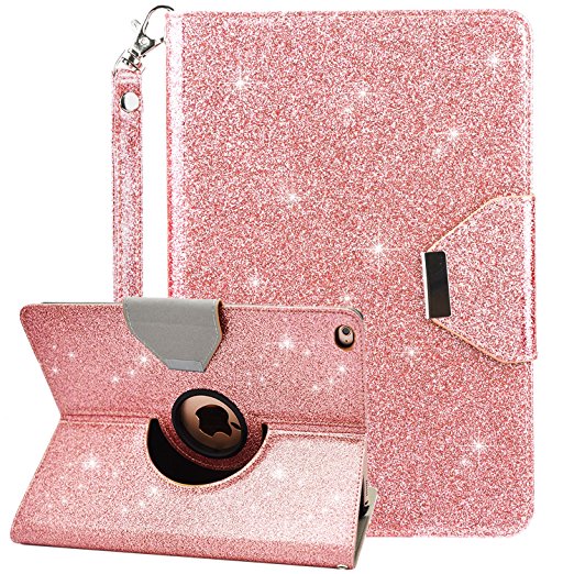 New iPad 9.7 Inch 2018 / 2017 Case,Dailylux Glitter Sparkle 360 Degree Rotating Stand Bling Case Luxury Faux Leather Case with Strap Auto Sleep/Wake Function Cover for iPad 9.7 inch-Rose