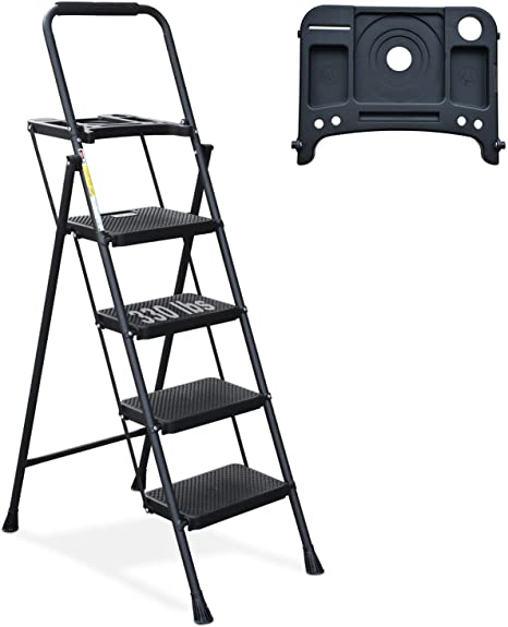 4 Step Ladder, HBTower Folding Step Stool with Tool Platform, Wide Anti-Slip Pedal, Sturdy Steel Ladder, Convenient Handgrip, Lightweight 330lbs Portable Steel Step Stool, Black