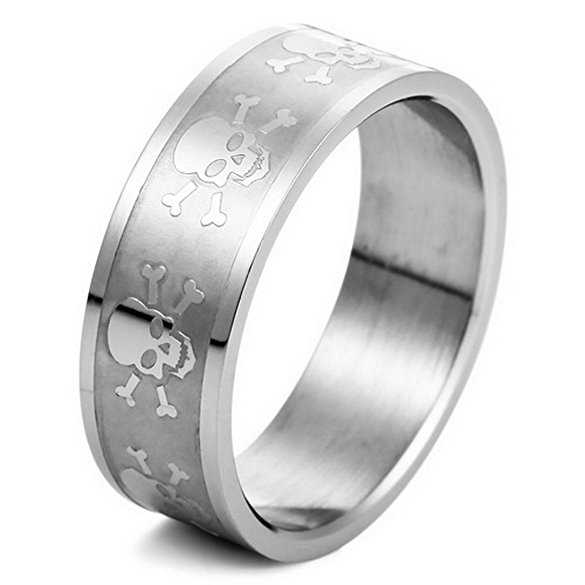 INBLUE Men's Stainless Steel Ring Band Silver Tone Pirate Skull