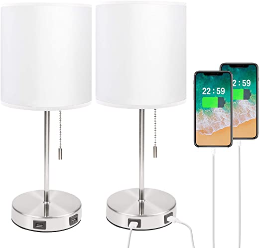 USB White Bedside Table Lamp, Seealle Nightstand Desk Lamp with White Fabric Lampshade,2 USB Fast Charging Port, Convenient Pull Chain for Bedroom,Living Room (Pack of 2)