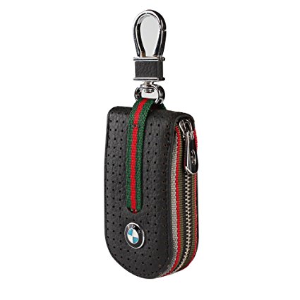 Leather Car Smart Key Chain Universal Key Holder Bag Black Zipper Case Cover Wallet Bag Shell Fob Ring (BMW)