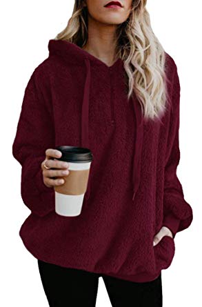 Luodemiss Women's Fleece Pullover Long Sleeve Sherpa Sweatshirt Fuzzy Outerwear Hoodie Zip Up Coat with Pockets