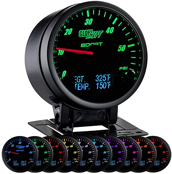 GlowShift 3in1 Analog 60 PSI Boost Gauge Kit with Digital 2200 F Pyrometer Exhaust Gas Temp EGT & 300 F Temperature Readings - 10 Selectable LED Colors - Black Dial - Clear Lens - 2-3/8" 60mm