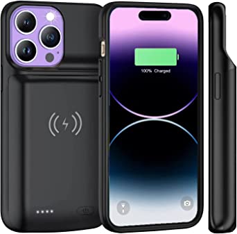 AFTRYOUGO Battery Case for iPhone 14/14 Pro 6.1inch 8000mAh,Qi Wireless Charging,Wired Headset,Sync-Data Supported, Extended Rechargeable Charger Case for iPhone14/14 Pro-Black