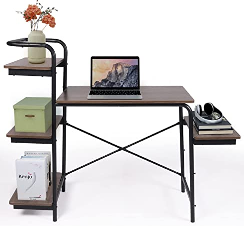 Computer Desk for Small Space, 4 Tier Bookshelves Writing Table, Multipurpose Study Desk, Kids Desk (Black-1)