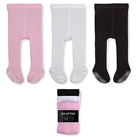LA Active Baby Tights - 3 Pairs - Non Skid/Slip Cotton (Pink/White/Black, 3-6 Months)