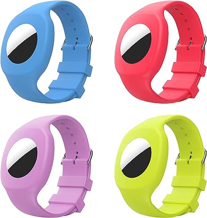 MoKo 4 Pack Wristband Compatible with Apple AirTag 2021, Soft Silicone Adjustable Watch Strap Bracelet with Transparent Protective Case for Kids Children, Light Purple/Sky Blue/Green/Watermelon Red