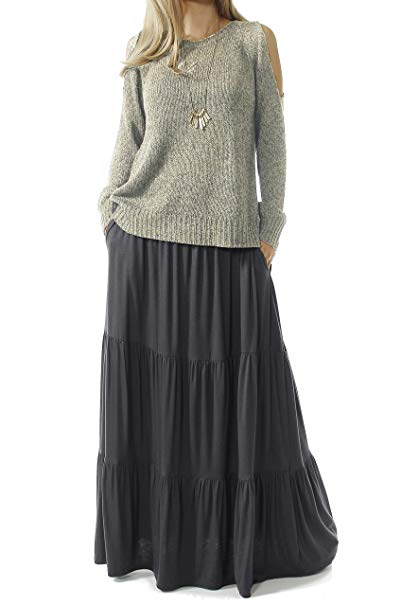 TRENDY UNITED Women's Bohemian Style High Waist Shirring Ruffle Pocket Skirt